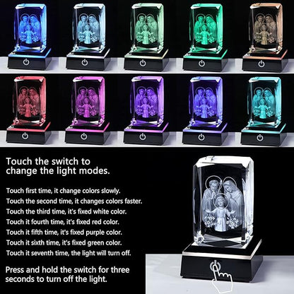 Movdyka 3D Crystal Jesus Figurine Religious Gifts for Women Men Christian Laser Engrave Holy Family Religious Christmas Ornaments Decorations with Colorful LED Base
