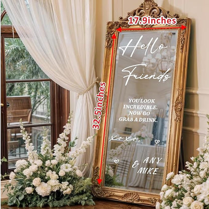 Personalized Wedding Welcome Sign Decals for Mirror Selfie Mirror Vinyl Decal for Wedding Party Entry DIY Bride and Groom Names Stickers Hello Friends Sign Decal for Seating Chart Board Backdrop Decor
