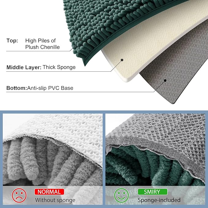 Smiry Luxury Chenille Bathroom Rugs 48x32, Extra Soft and Absorbent Shaggy Bath Mat, Machine Washable, Non-Slip Plush Carpet Runner for Tub, Shower, and Floor, Home Decor Accessories, Green