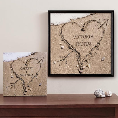 Let's Make Memories Personalized Canvas Wall Art For Couples - Engagement, Wedding, Newlyweds, Anniversary - Home Decor - Heart in Sand - Canvas - 16x16