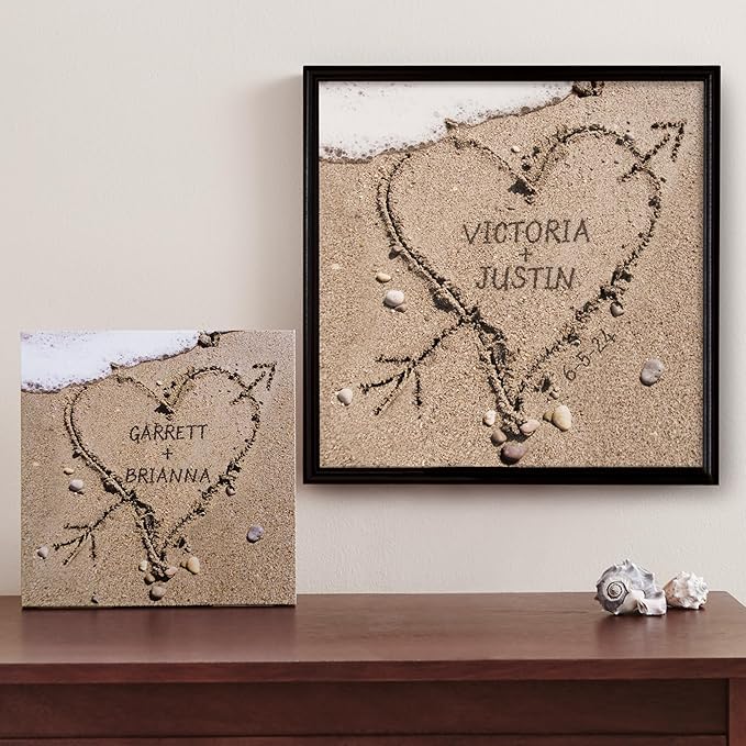 Let's Make Memories Personalized Canvas Wall Art For Couples - Engagement, Wedding, Newlyweds, Anniversary - Home Decor - Heart in Sand - Canvas - 11x11