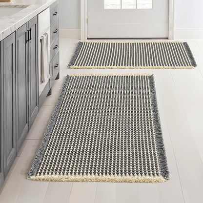 MIULEE Set of 2 Waffle Bathroom Rugs, Boho Bath Rugs Non Slip Washable, Super Absorbent Bath Mats, Ultra Soft Rubber Backed Shower Mats for Bathroom Floor, Tub, Dark Grey & Yellow, 18x30 Inch