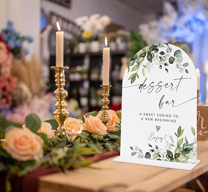 Wedding Signs for Reception, Green Leaves Dessert Bar Sign, Wedding Reception Signage, Bridal Shower Table Decorations with Base, Dessert Bar Supplies for Bridal Shower Events and Ceremony, 06