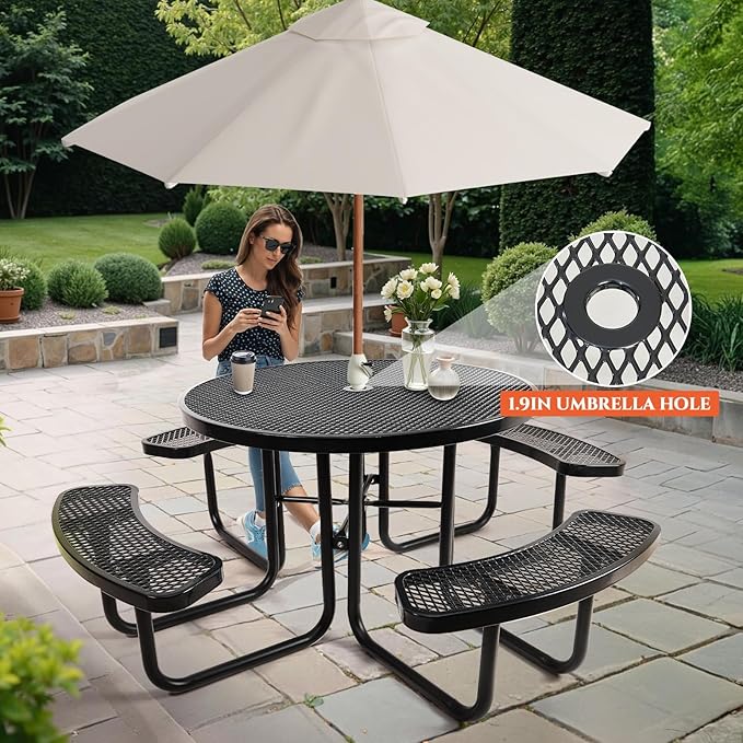 47'' Heavy-Duty Metal Picnic Tables with Umbrella Hole, Outdoor Steel Heavy Duty Commercial Grade Black Table, Outdoor Bench Set for Lawn, Patio, Park, Yard, Garden, Porch (Set A, Round)
