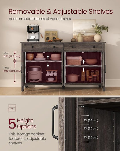 VASAGLE LIRY Collection - Buffet Cabinet, Coffee Bar Cabinet with 2 Drawers, Adjustable Shelves, Sideboard Storage with Cable Holes, Drawer Dividers, Taupe Brown UBBK381TA01S