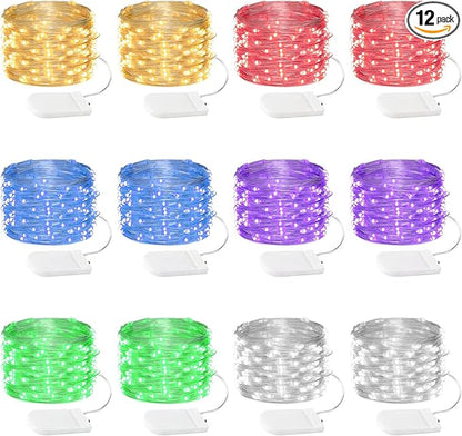 12 Pack Fairy Lights Battery Operated String Lights，7FT 20LED Waterproof Silver Wire Christmas Lights Outdoor,Firefly Mini Lights for Bedroom Party Birthday Wedding Indoor Decorations.