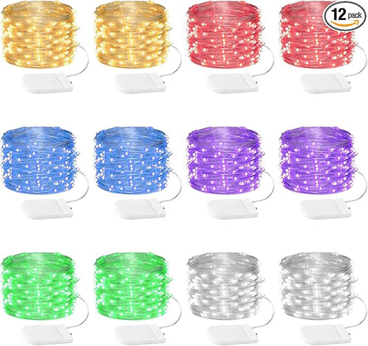 12 Pack Fairy Lights Battery Operated String Lights，7FT 20LED Waterproof Silver Wire Christmas Lights Outdoor,Firefly Mini Lights for Bedroom Party Birthday Wedding Indoor Decorations.