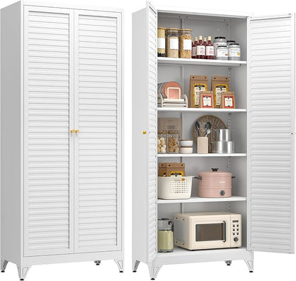75" Kitchen Pantry Cabinet, White Metal Storage Cabinet with Doors and 4 Adjustable Shelves, Tall Metal Pantry Cabinets, Large Cupboard for Kitchen, Dining Living Room, Bathroom, Office