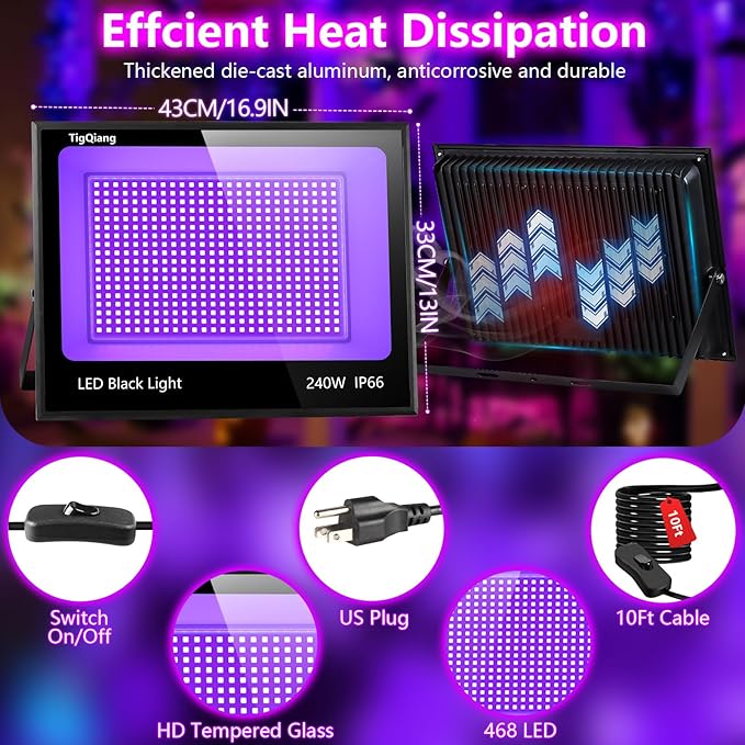 Upgraded 240W LED Black Light with 10ft Cable, IP66 Outdoor Blacklight Flood Light, Powerful Floodlight with Plug Switch for Christmas Halloween Neon Glow Dark Party Fluorescent Body Paint, 2 Pack