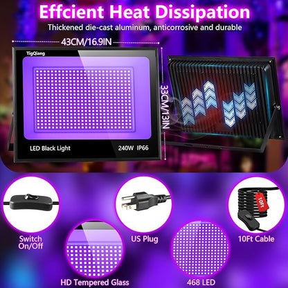 Upgraded 240W LED Black Light with 10ft Cable, IP66 Outdoor Blacklight Flood Light, Powerful Floodlight with Plug Switch for Christmas Halloween Neon Glow Dark Party Fluorescent Body Paint, 2 Pack