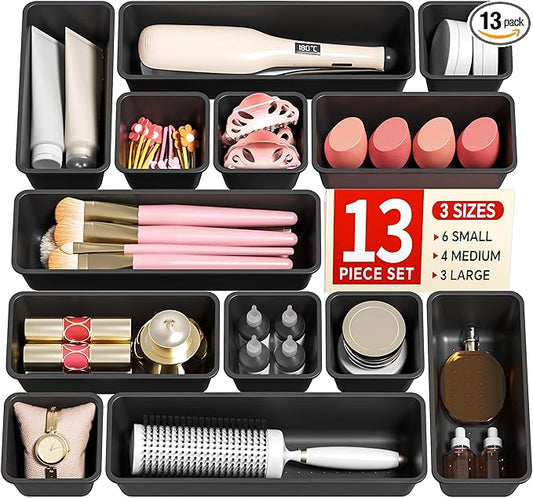 13 Pack Plastic Drawer Organizers Set, 3 Sizes Desk Drawer Organizer Trays for Vanity and Makeup Organizer, Organization and Storage for Makeup, Kitchen Utensils, Bathroom and Office(Black)