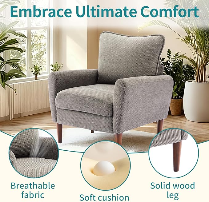 OLIXIS Comfy Accent Chair for Living Room Bedroom and Waiting Room, Upholstered Mid-Century Reading Chair with Pillow and Solid Wood Legs, Wide Singe Modern Lounge Sofa (Gray, 2 Pack)