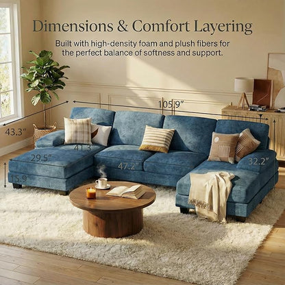 Homall Modular Sectional U Shaped Sofa Couches for Living Room, Comfy Chenille 4 Seat Sofa Set with Removable Pillows, Lounge Chaise Upholstered Couch for Apartment (Chenille, Light Blue)