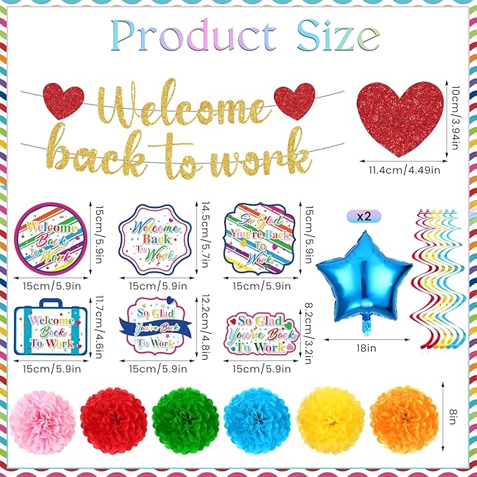 15pcs Welcome Back to Work Decorations for Office Colorful So Glad You're Back To Work Banner Hanging Swirls Balloons Pompoms for Office Work Anniversary Decor for Home, Office Party Supplies