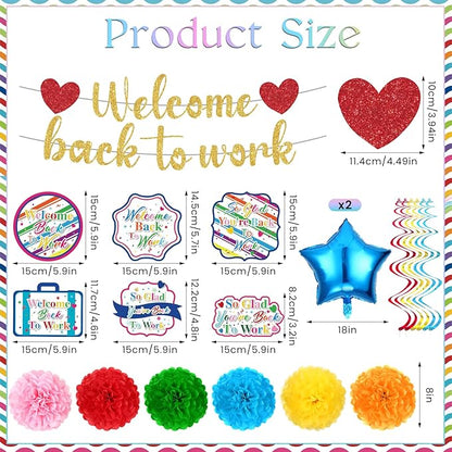 15pcs Welcome Back to Work Decorations for Office Colorful So Glad You're Back To Work Banner Hanging Swirls Balloons Pompoms for Office Work Anniversary Decor for Home, Office Party Supplies