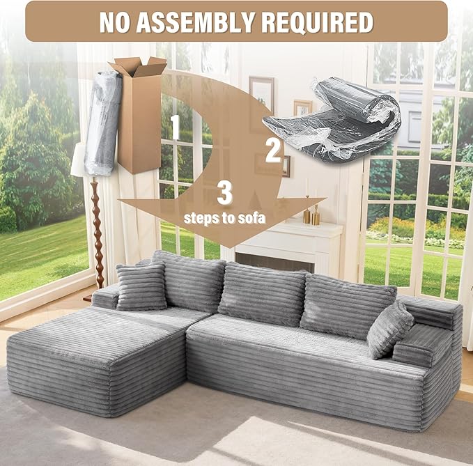 Hobestluk Modular Sectional Sofa Couches L-Shape Couch 3 Seat Modular Sofa Memory Foam Sectional Couches for Living Room, Cloud Couch with Oversized Chaise (Left Facing)
