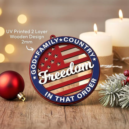 United States 250th Anniversary Ornament, Wooden 250th Anniversary USA Christmas Tree Ornament, 250 Patriotic American Flag Christmas Ornaments, Gift for US Citizens, Patriotic Collectors (Freedom)