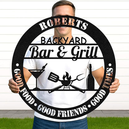 Personalized BBQ Cut Metal Sign, Custom Name Grill Wall Art for Backyard and Patio, Rustic Outdoor Kitchen Barbecue Decor