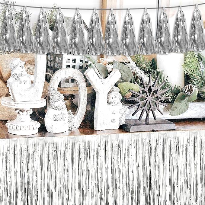 3P Silver Tassel Banner Garland Metallic Foil Fringe Banner Tinsel Tassels Streamer Banner Backdrop for Parade Floats, 2025 Graduation Decorations, Christmas, Wedding Party Decoration