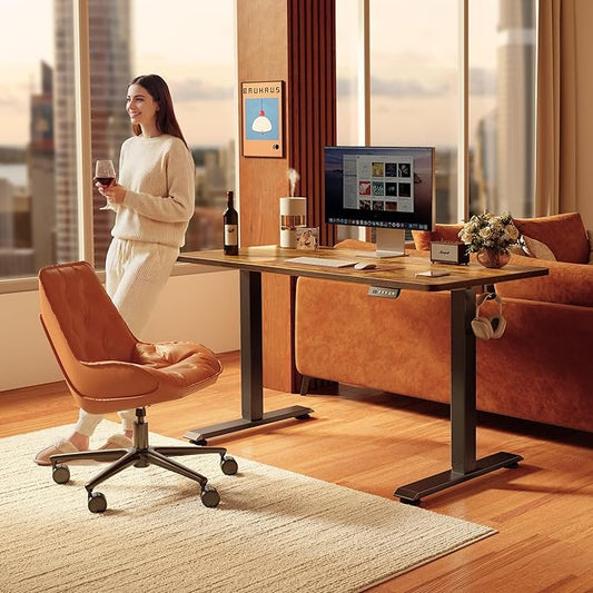 FEZIBO Standing Desk, 55 × 24 Inches Electric Height Adjustable, Sit Stand Up, Computer Office Desk with Splice Board, Black Frame/Rustic Brown TOP