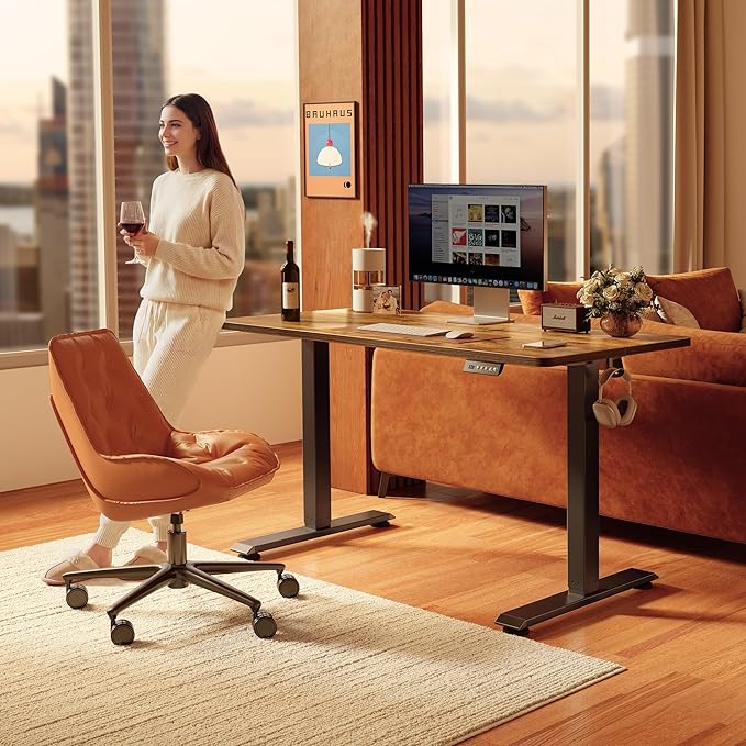FEZIBO Standing Desk, 55×28 Inches Electric Height Adjustable, Sit Stand Up, Computer Office Desk with Splice Board, Black Frame/Rustic Brown TOP