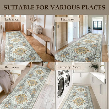 Area Rugs 2'x6' Runner Rug Non Slip Washable for Kitchen Hallway Bedroom Beside Laundry Room Bathroom Rug, Floor Carpet, Light Yellow Carbon Grey Orange