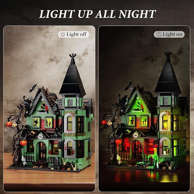 iATOM Haunted House Building Set with Lights, Halloween Mansion Building Toy for Adults, Gift for Christmas, Horror Village Town Architecture Include Pumpkin Skeleton Spooky Bat Cat, F-C9987