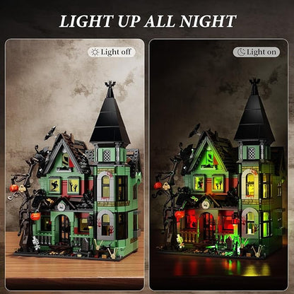 iATOM Haunted House Building Set with Lights, Halloween Mansion Building Toy for Adults, Gift for Christmas, Horror Village Town Architecture Include Pumpkin Skeleton Spooky Bat Cat, F-C9987