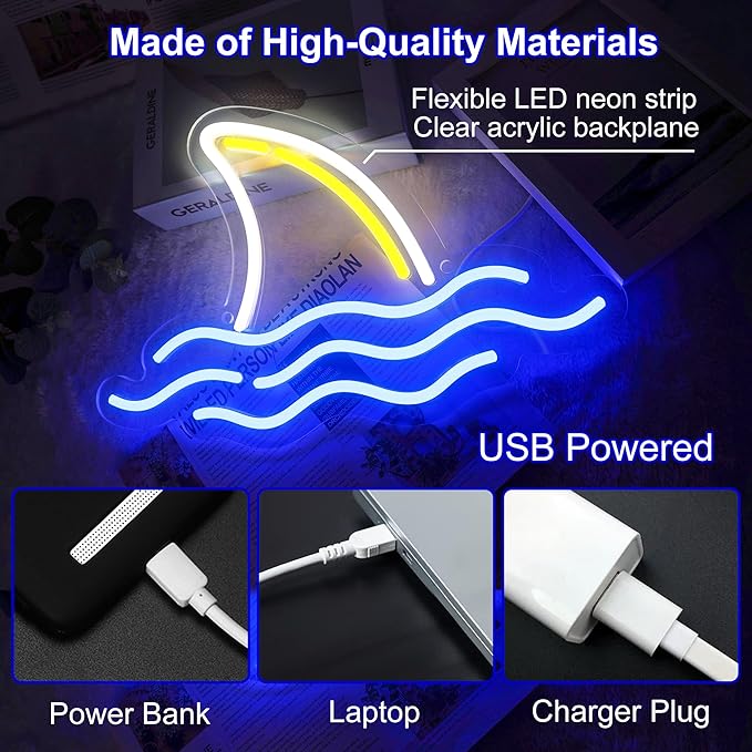 Neon Sign, Shark Led Neon Signs for Bedroom Decor, USB Powered OceanTheme Art Neon Night Light Acrylic Light Up Sign for Kids Birthday Gift Festival Party Holiday Decor