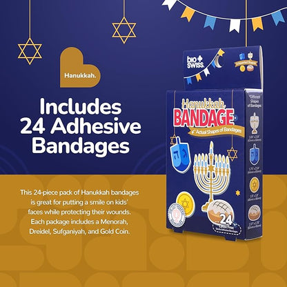 BioSwiss Kids Bandages, Hanukkah Shaped Self Adhesive Bandage Set, Latex Free, Sterile Wound Care, 24 Count