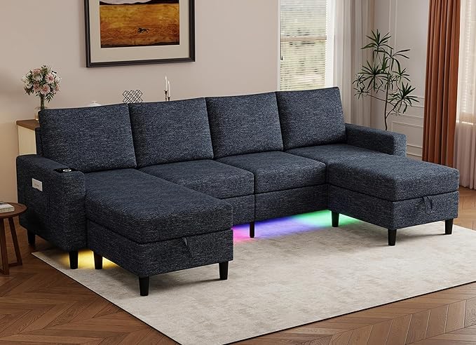 Smart Sectional Couches for Living Room, 4 Seat U/L Shaped Sectional Sofa with RGB Light/Charging, Modern Living Room Furniture for Apartments/Office/More (Blue)