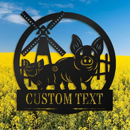 Custom Sign with Pig & Windmill - Custom Metal Sign, Pig Farm Sign, Rustic Pig Pens Farmhouse Decor Outdoor Decor, Gift for Mother's Day, Mom, Farmers, Grandma, Animal Lovers, Garden or Barn Decor