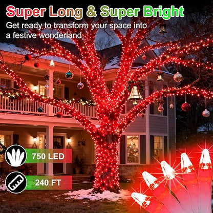 750 LED 240FT Christmas String Lights Outdoor, 12 Pro Modes and Timer Memory & Brightness, Plug in Outdoor Waterproof Clear Wire Twinkle Light for for Xmas Yard Tree Wedding Party Decor (Red)