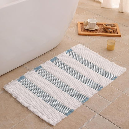 Waffle Bath Mat Non Slip, Boho Bathroom Rug, Super Absorbent Quick Dry Bathroom Mat, Soft Farmhouse Bath Rug with Tassels, Small Washable Shower Mats for Floor 20"x32", White and Blue