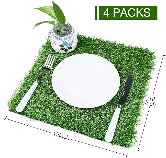 XLX TURF 12"X12" Artificial Grass Table Placemats 4 Pack - Green Christmas Football Tabletop Centerpiece Decor Golf Theme Party, Birthday, Baby Shower Wedding Holiday Fake Turf Square
