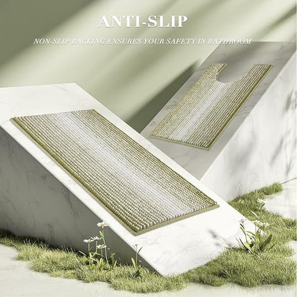 Bathroom Rugs Sets 2 Piece, Toilet Rugs U-Shaped, Contour Bath Mat Rugs Set for Toilet Bathroom, Soft Absorbent Chenille Bath Carpet, Quickly Dry, Washable (Linden Green, 32" x 20" + 24" x 20")