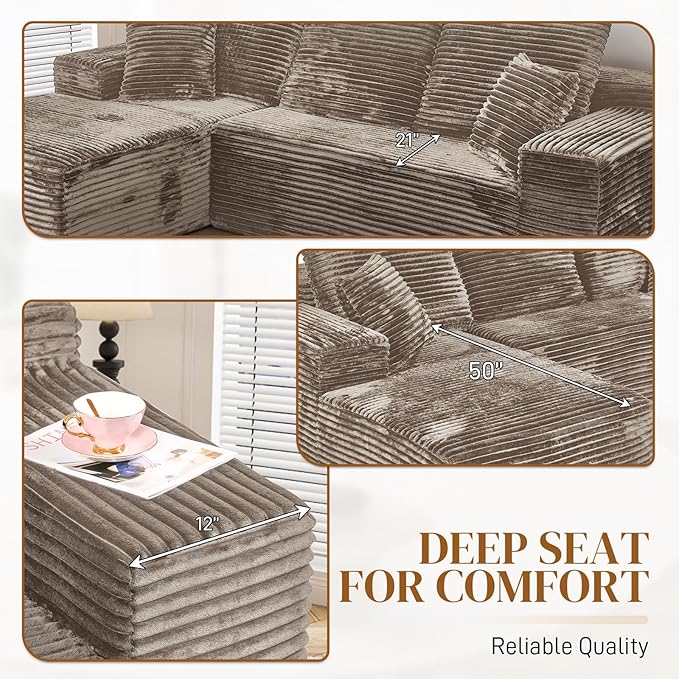 108" L Shaped Boneless Sectional Couches for Living Room, Comfy Corduroy Floor Cloud Sofa with Chaise, Wide Armrest, Deep Seat, Memory Foam, Assembly Free, Ideal for Small Spaces, Brown