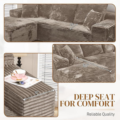 108" L Shaped Boneless Sectional Couches for Living Room, Comfy Corduroy Floor Cloud Sofa with Chaise, Wide Armrest, Deep Seat, Memory Foam, Assembly Free, Ideal for Small Spaces, Brown