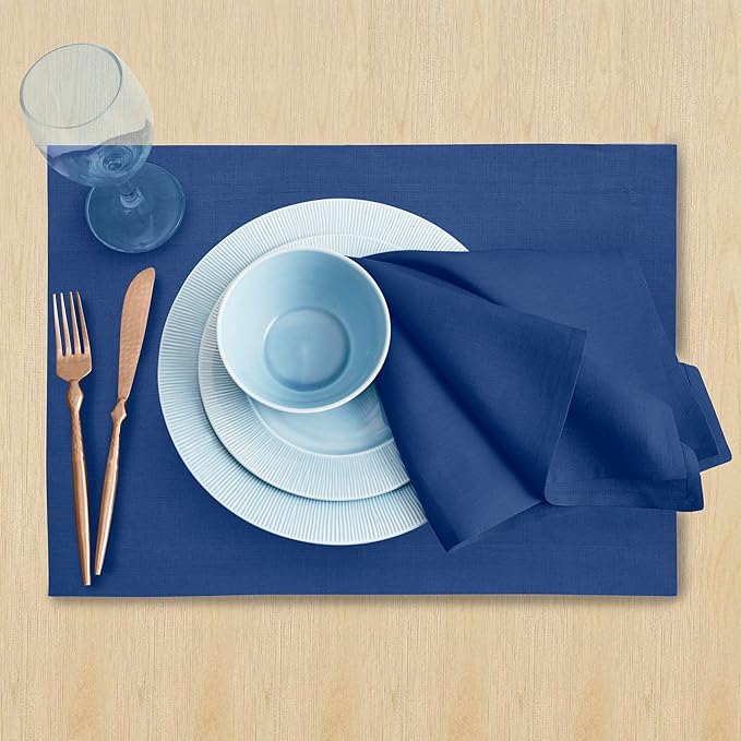 Solino Home Linen Placemats Set of 4 - Indigo Blue Placemats 14 x 19 Inch - 100% Pure Linen Table Place Mats for Fall, Autumn, Christmas, Holiday, Winter, New Year - Fete