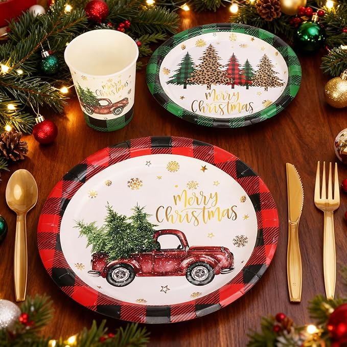 168PCS Christmas Plates and Napkins with Cups Fork Spoon,Serves 24, Christmas Disposable Dinnerware Set Party Supplies(Red)