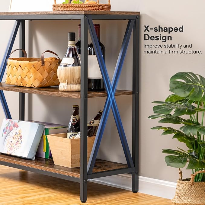 Sofa Table, Industrial Console Table, 3-Tier Narrow Side Table with Open Shelves, Foyer Table for Entryway, Hallway, Kitchen, Living Room and Bedroom, Easy Assembly, Rustic Brown CTHR8001Z