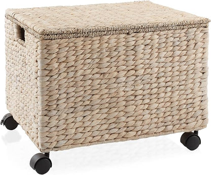 Casafield Rolling Filing Cabinet, Whitewash - Water Hyacinth File Organizer with Lid and Locking Wheels, Home Office Storage for Hanging Folders
