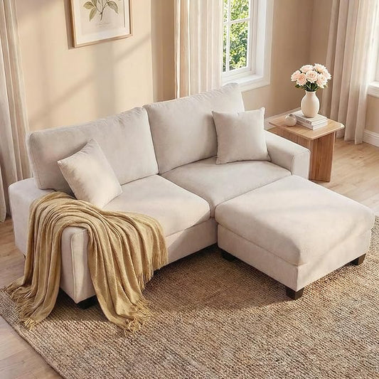 DOPEDIO L-Shaped Sectional Sofa with Storage Ottoman, Modern Chenille Recliner Loveseat, Removable Couch Covers, Pocket Spring Cushions, Solid Wood Frame, Easy to Install (71.25inch, Beige)