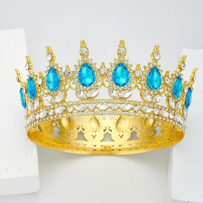 Queen Rhinestone Wedding & Bridal Crowns - Gold & Light Blue Tiaras for Women's Costume Party & Princess Birthday Accessories