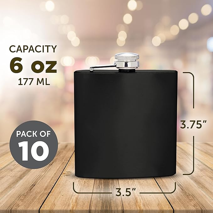 Murano Stainless Steel Hip Flasks 6 oz. Set of 10, Bulk Pack - Screw on Cap, Great for Wedding Party Gifts, Groomsmen Gifts, Outdoor Activities - Black