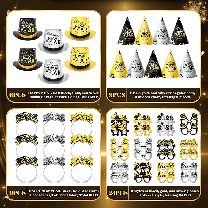 48PCS New Years Eve Party Supplies 2026 for 24 Guests, Happy New Years Decorations Party Favors Includes Top Hats, Tiaras, Glasses Accessories for Adults Kids Nye Decorations 2026