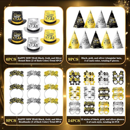 48PCS New Years Eve Party Supplies 2026 for 24 Guests, Happy New Years Decorations Party Favors Includes Top Hats, Tiaras, Glasses Accessories for Adults Kids Nye Decorations 2026