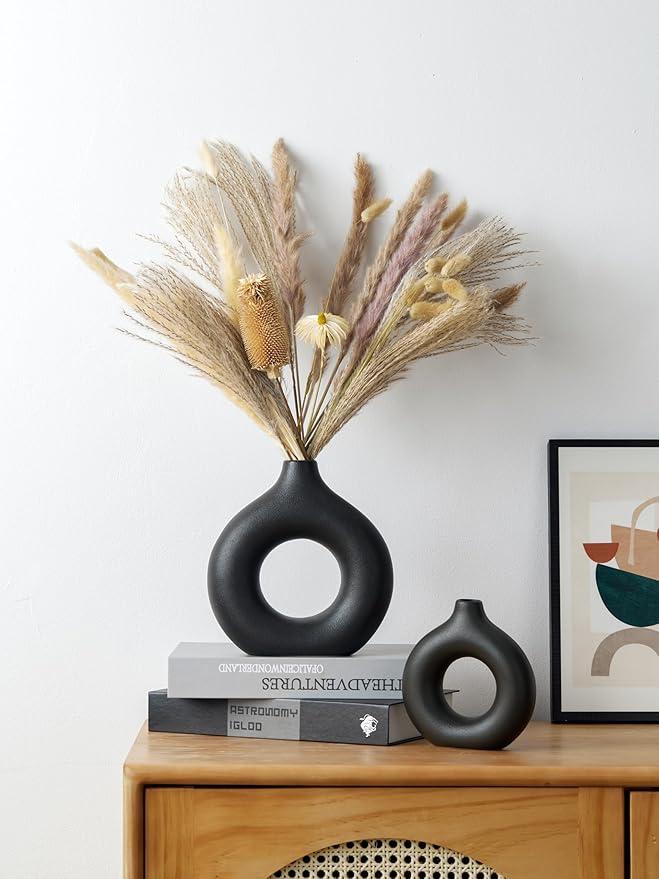 Modern Donut-Shaped Decorative Vases, Handmade Minimalist Boho ins Style, Modern Vase for Home Decor for Wedding Dinner Table Party Living Room Office Bedroom (Black, Large + Small)