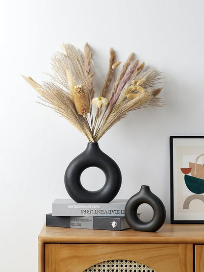 Modern Donut-Shaped Decorative Vases, Handmade Minimalist Boho ins Style, Modern Vase for Home Decor for Wedding Dinner Table Party Living Room Office Bedroom (Black, Large + Small)
