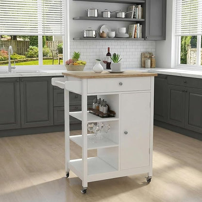 Casaphoria Kitchen Island Cart on Wheels, Rolling Kitchen Trolley with Storage Cabinet and Drawer, Solid Rubber Wood Top Prep Table, Small Mobile Coffee Bar Station with Adjustable Shelves, White